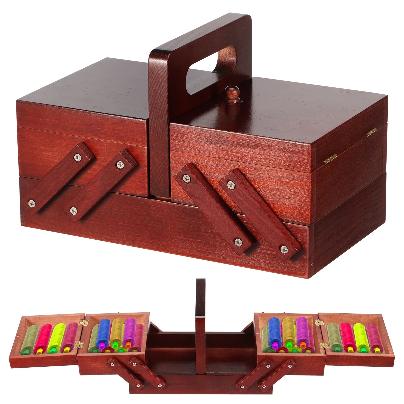 Bobbin Organizer Box - Expandable Sewing Thread Box Wood Vintage