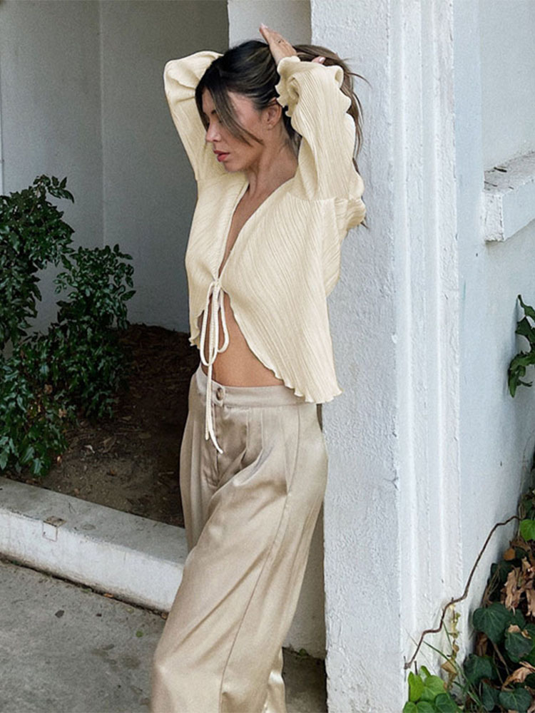 Women Pleated Plain Shirts Spr - Sewing V 评论和价格