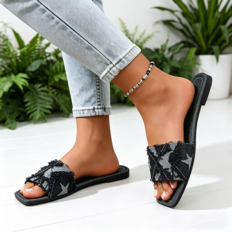 Y2K Denim Strap Flat Heel Sand - Sewing Factory 评论和价格